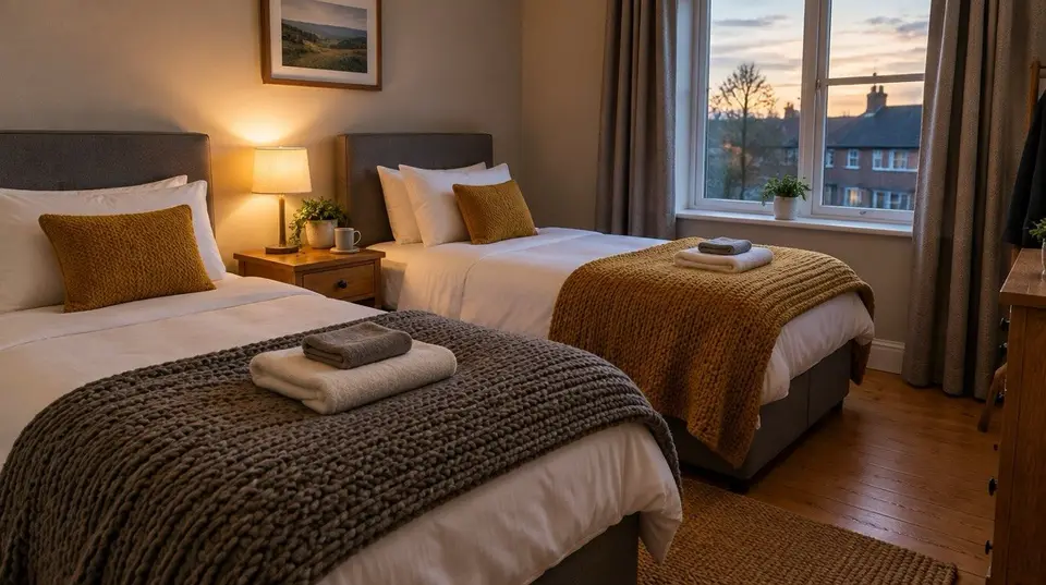Clean twin bedroom with single beds and folded towels