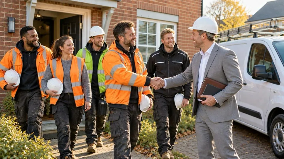 Site manager welcoming a work crew arriving at their accommodation